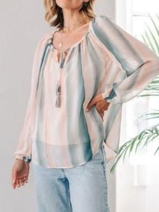 lovestitch Tops - lovestitch Pastel Striped Sheer Blouse in Soft Blue and Pink